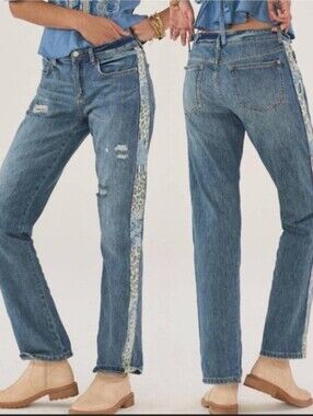 Pilcro Anthropologie Leopard Side Stripe Distressed Straight Leg Jeans Size 30